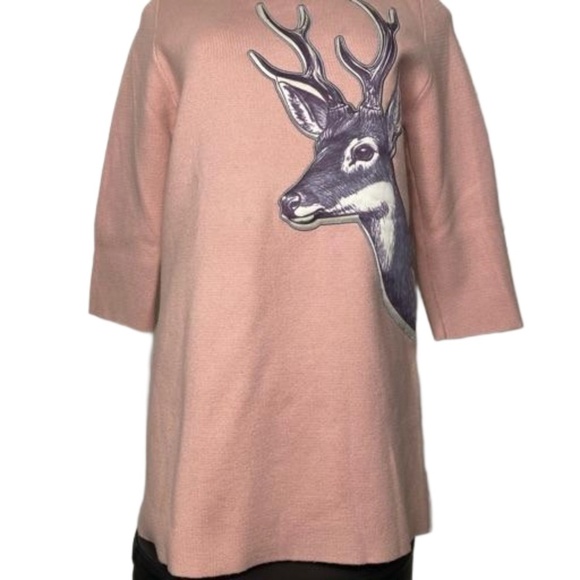Pink Wool Blend Deer Appliqué 3/4 Sleeve Sweater Cozy Winter Tunic NWOT - Picture 6 of 16